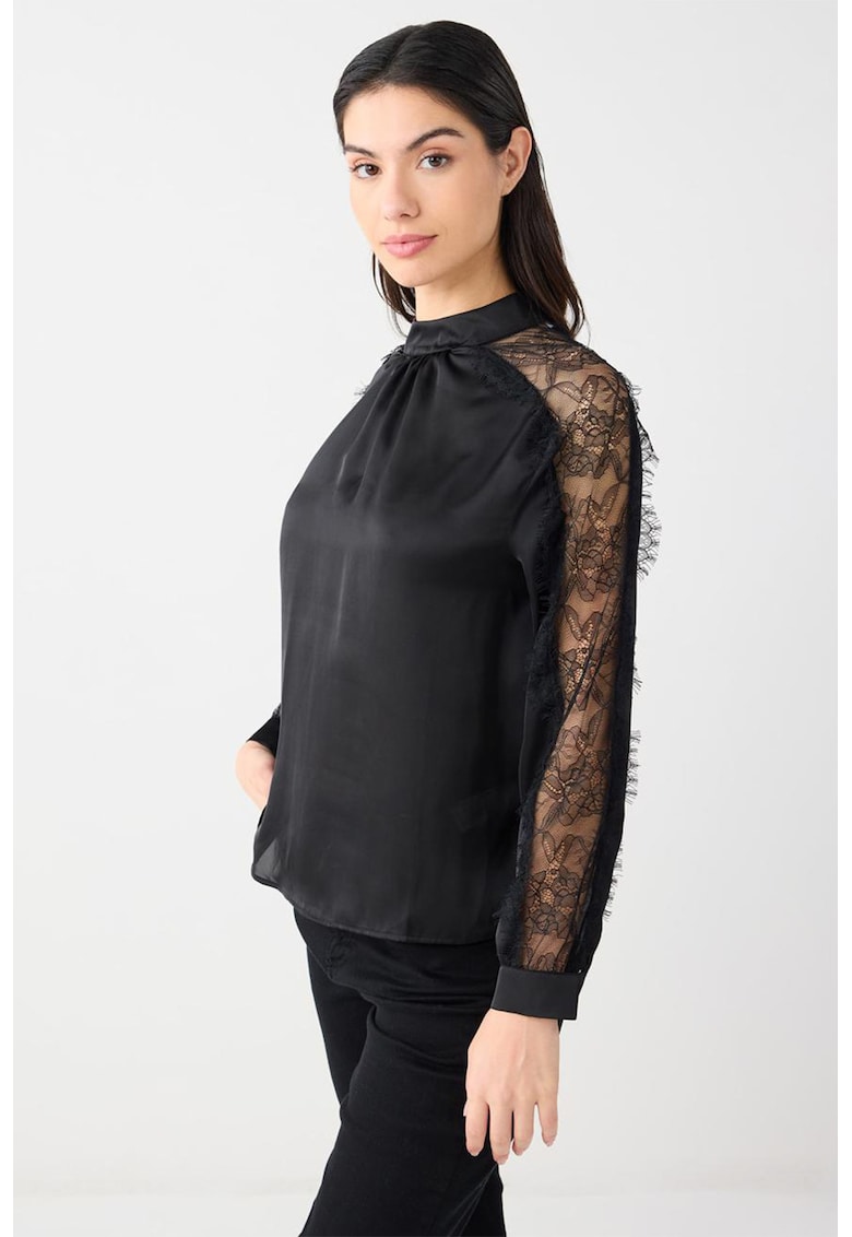Bluza satinata cu detalii de dantela - Negru