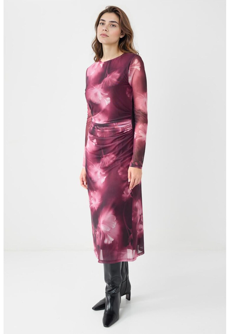 Rochie midi cu model si decolteu la baza gatului - Rosu/Violet/Roz