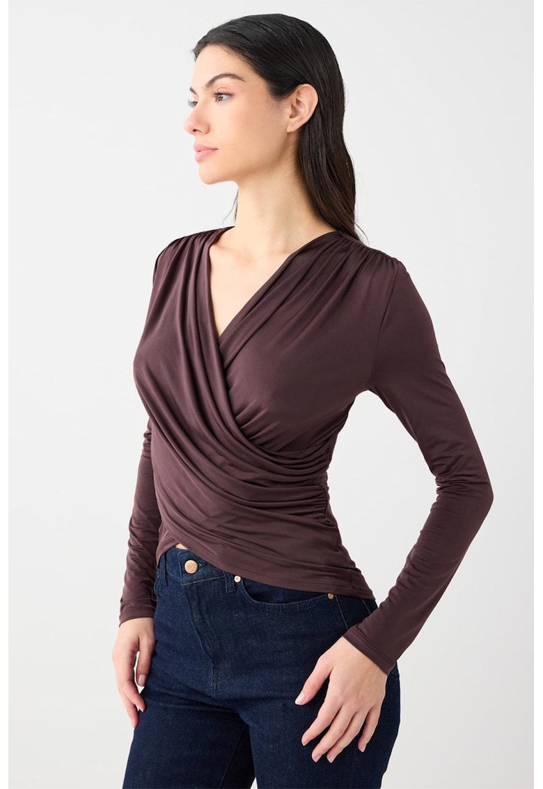 Bluza cu decolteu in V si model drapat - Maro inchis