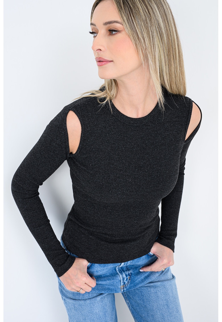 Bluza slim fit cu decolteu la baza gatului - Negru melange