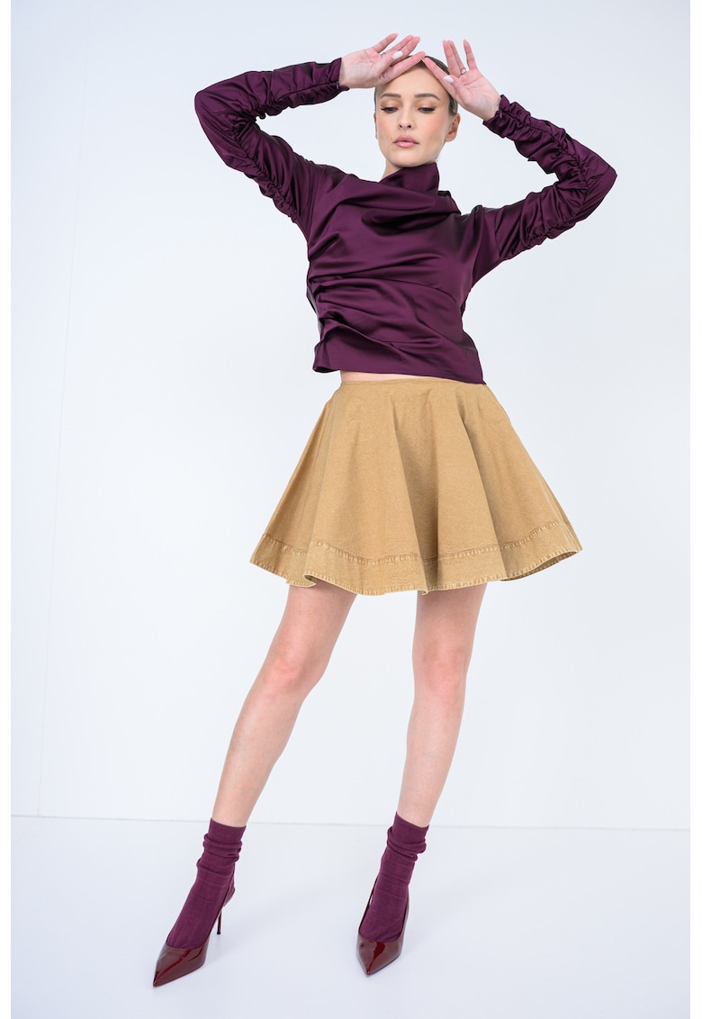 Fusta evazata din material Chambray - Maro camel