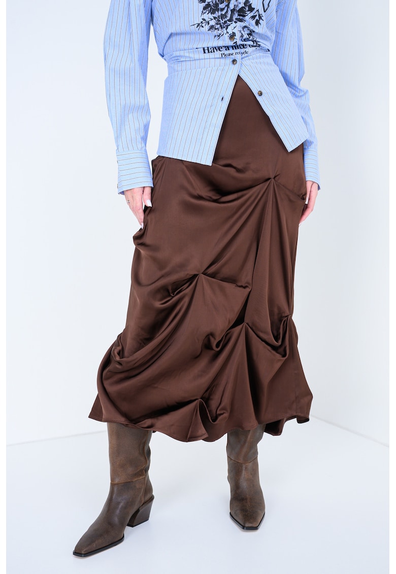 Fusta drapata din satin - Maro inchis
