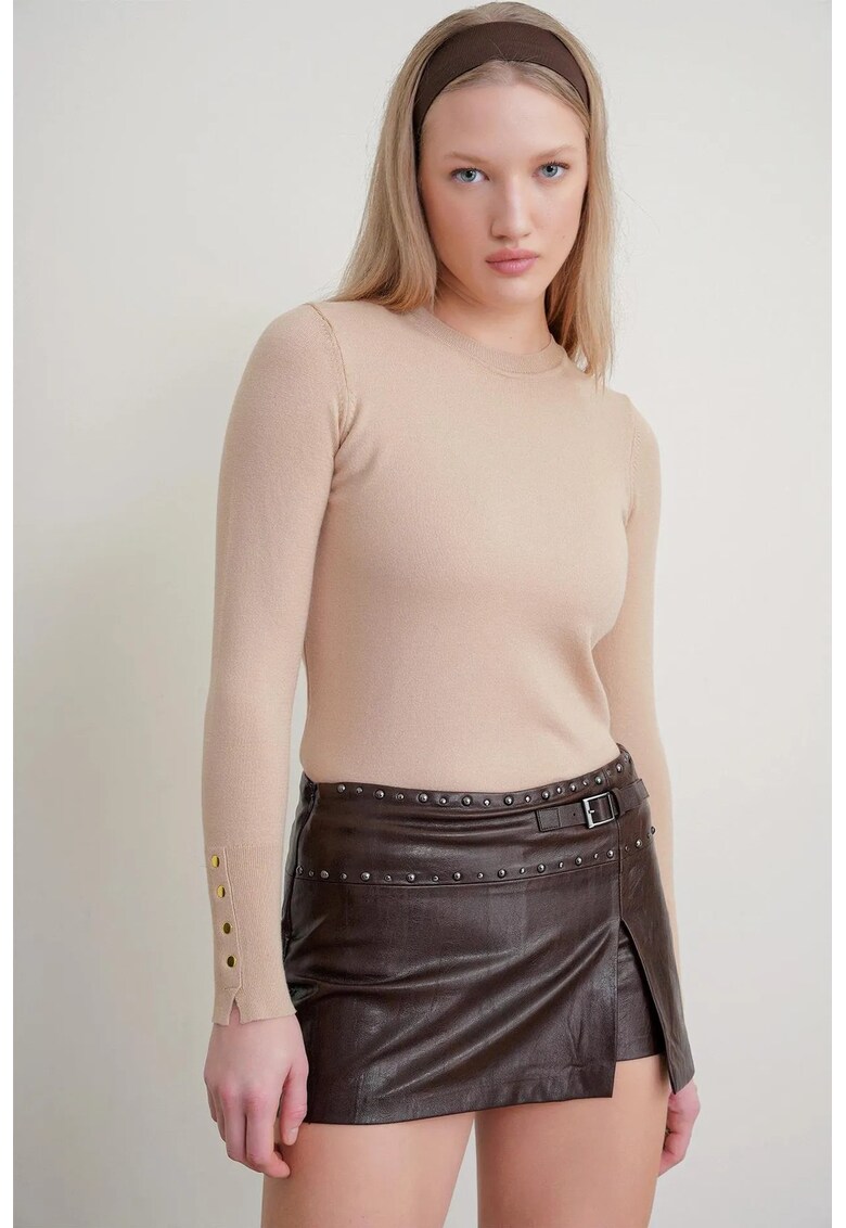 Pulover dama - Slim Fit - guler rotund - Tan Natural - tricotat