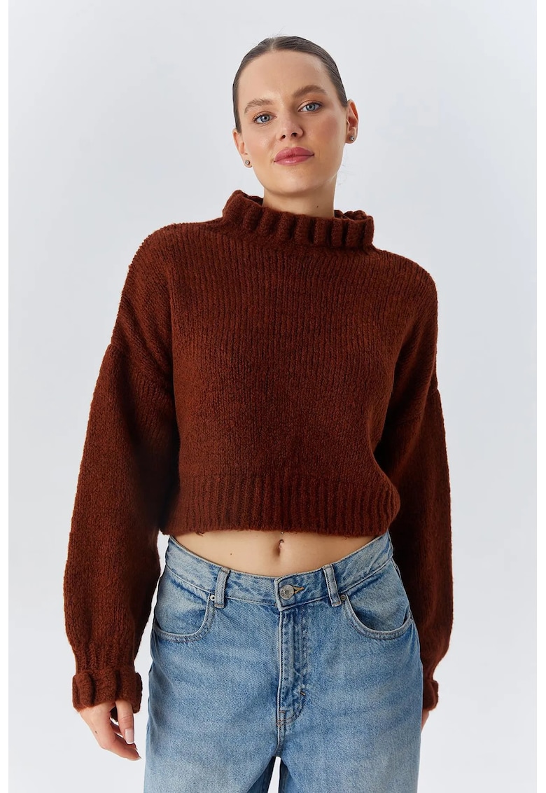Pulover scurt - texturat - guler inalt - maro cafea - tricot - One Size