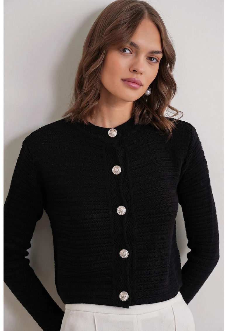Cardigan scurt tricotat negru - cu nervuri - inchidere cu nasturi -
