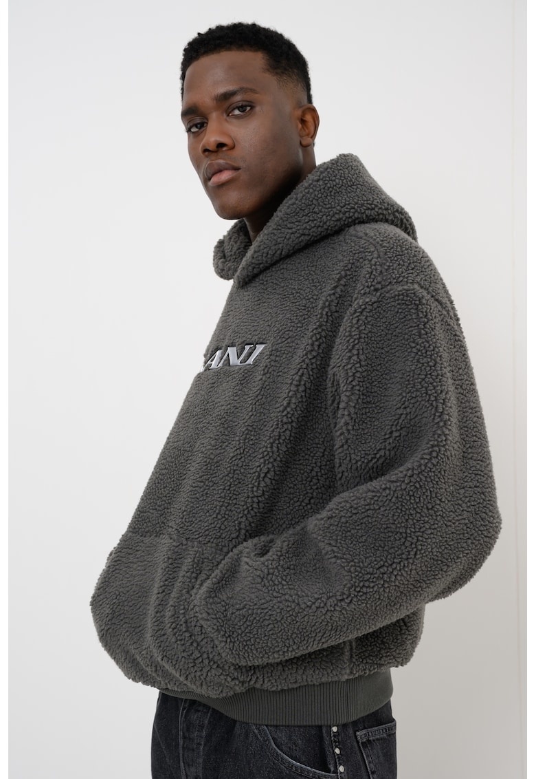 Hanorac din material teddy cu buzunar kangaroo si logo