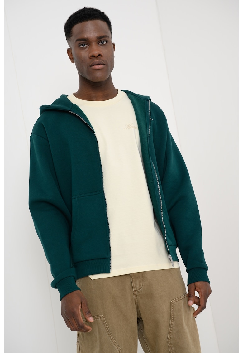 Hanorac cu model uni si fermoar - Alb/Verde englez