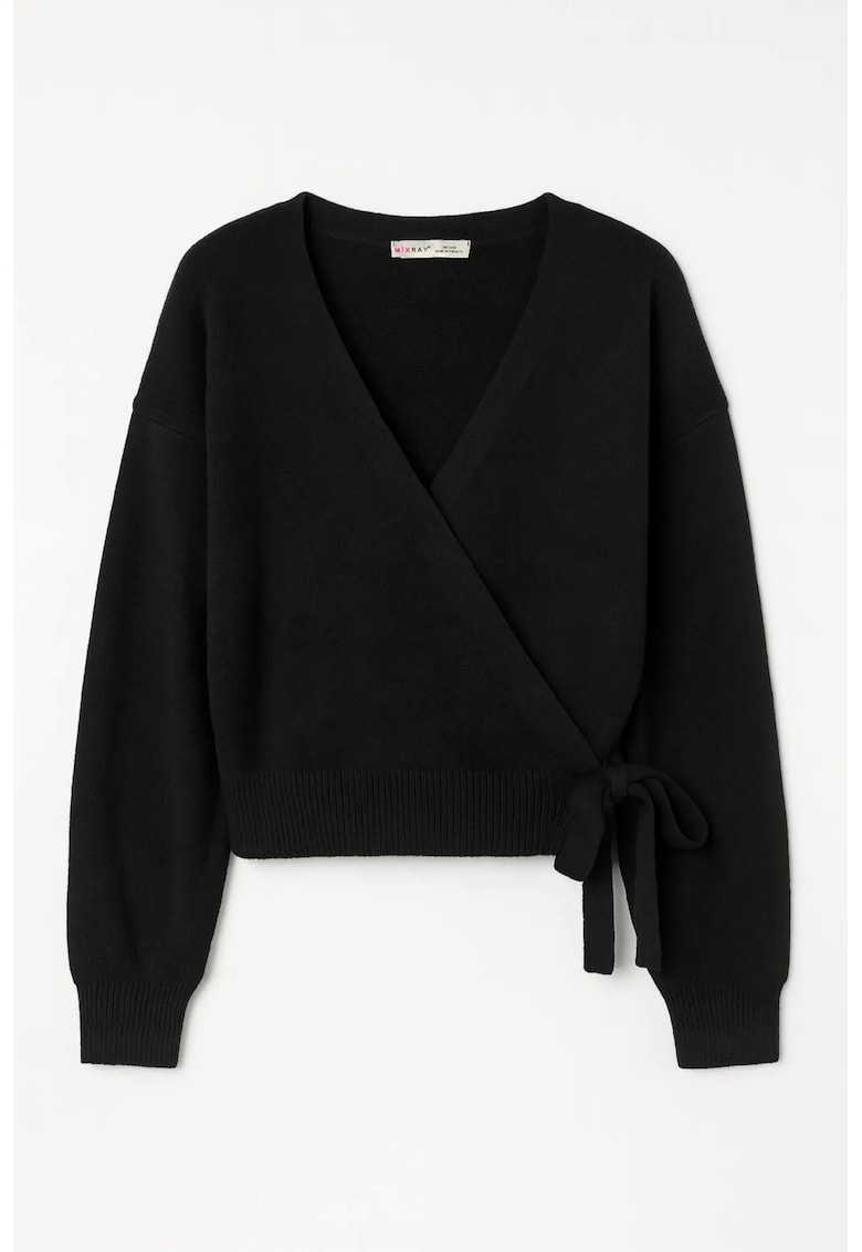 Pulover - Ribbed V-Neck cu cravata frontala - Negru - Tricot -