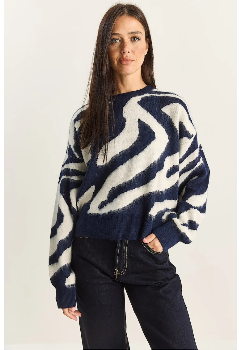 Pulover tricotat dama - acril - nervuri - model zebra - albastru/alb - One Size