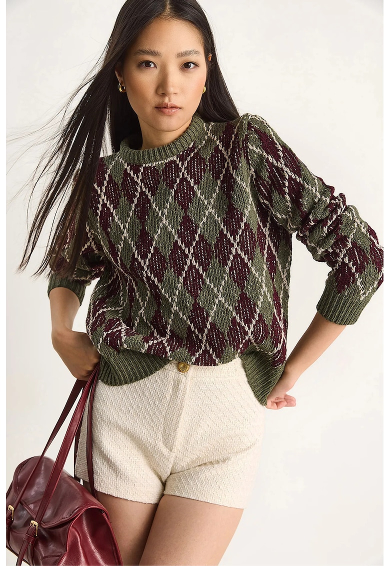 Pulovere dama - pulover tricotat - guler rotund - model romboidal - verde kaki - tricot -