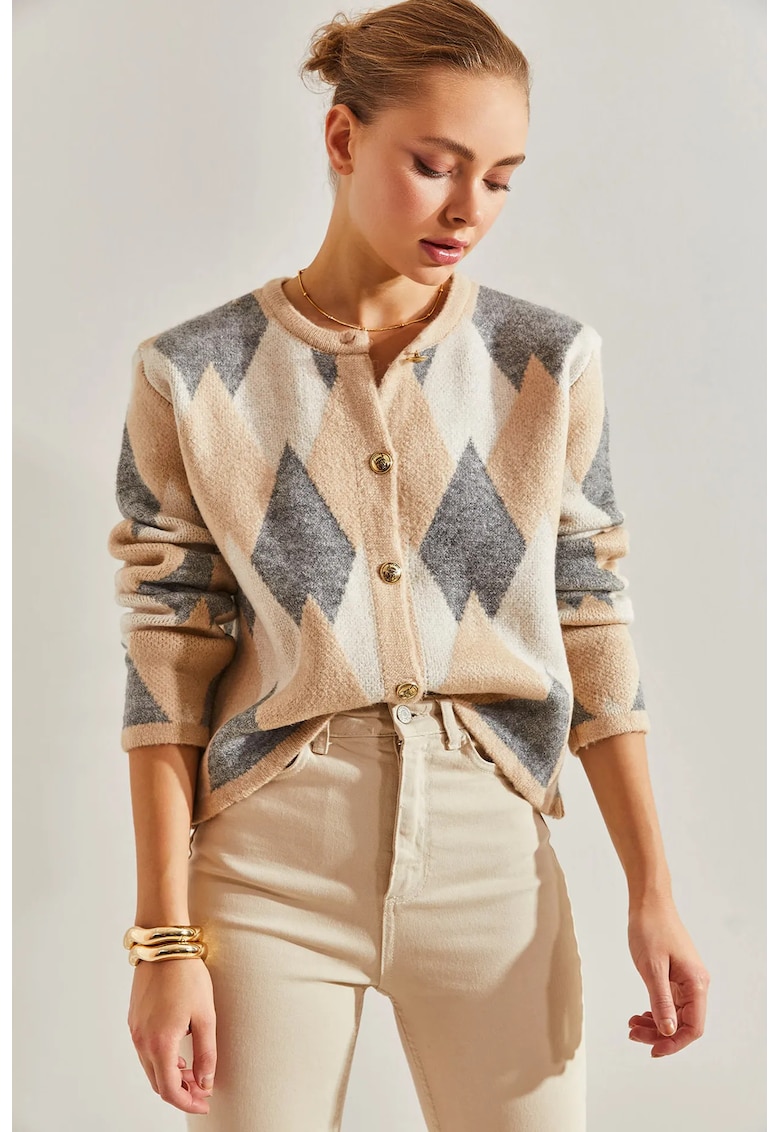 Cardigan scurt tricotat - geometric - natural - tricot -