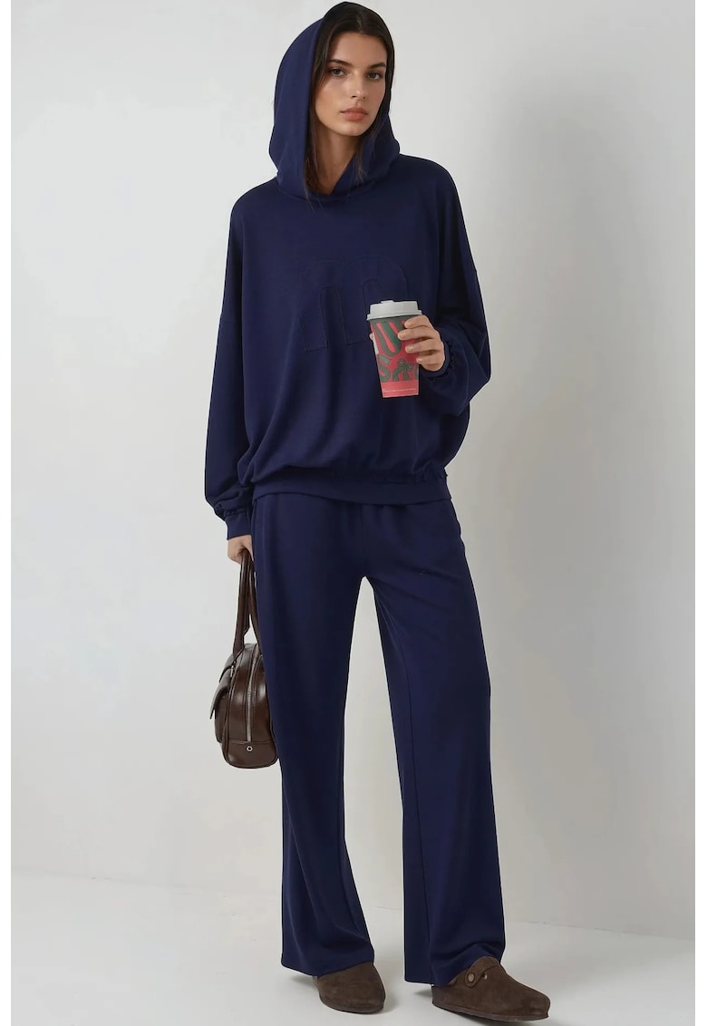 Set coordonat din doua piese - pulover cu gluga - pantaloni largi - albastru marin - tricot gros