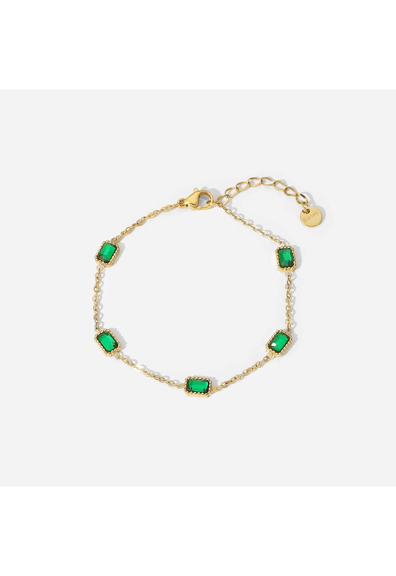 Bratara dama din otel inoxidabil - placata PVD cu aur 18K - decorata cu pietre verzi in forma dreptunghiulara - reglabila 17 + 3 cm