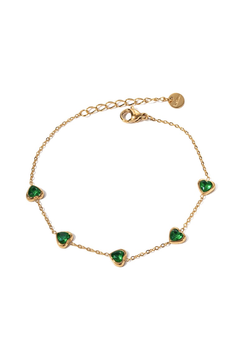 Bratara dama din otel inoxidabil - placata PVD cu aur 18K - decorata cu pietre verzi in forma de inima - reglabila 17.5 + 3 cm