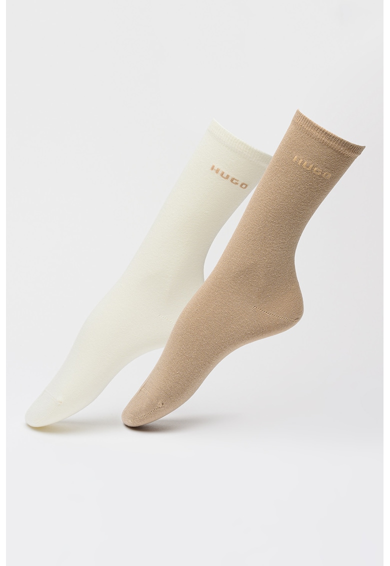 Set de sosete din amestec de bumbac cu logo - 2 perechi - Alb/Maro camel