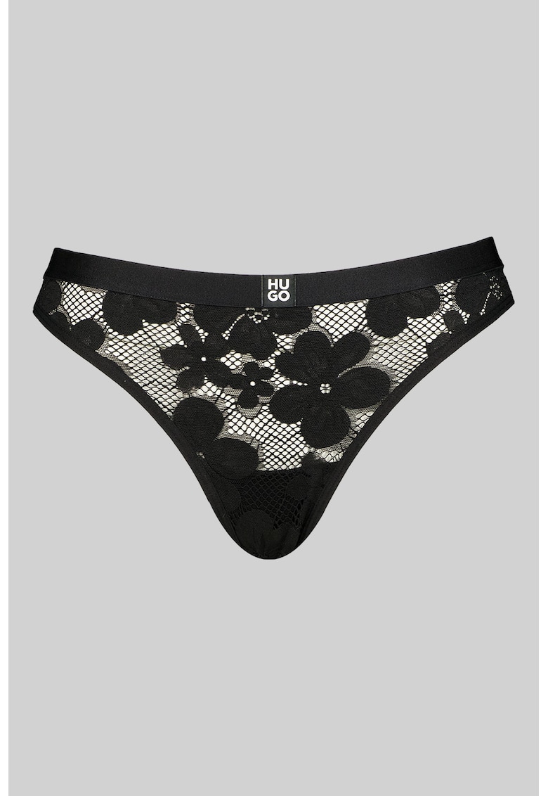 Chiloti tanga de dantela cu model floral - Negru