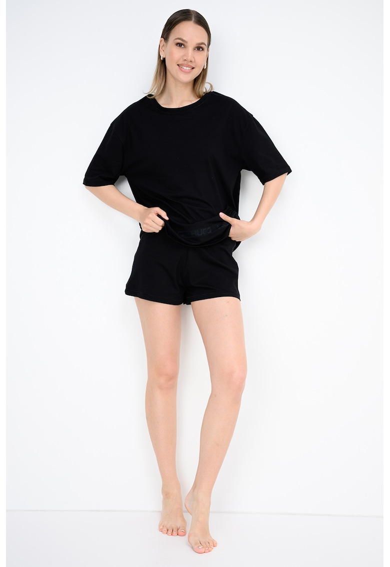 Pijama din amestec de bumbac cu pantaloni scurti si logo - Negru