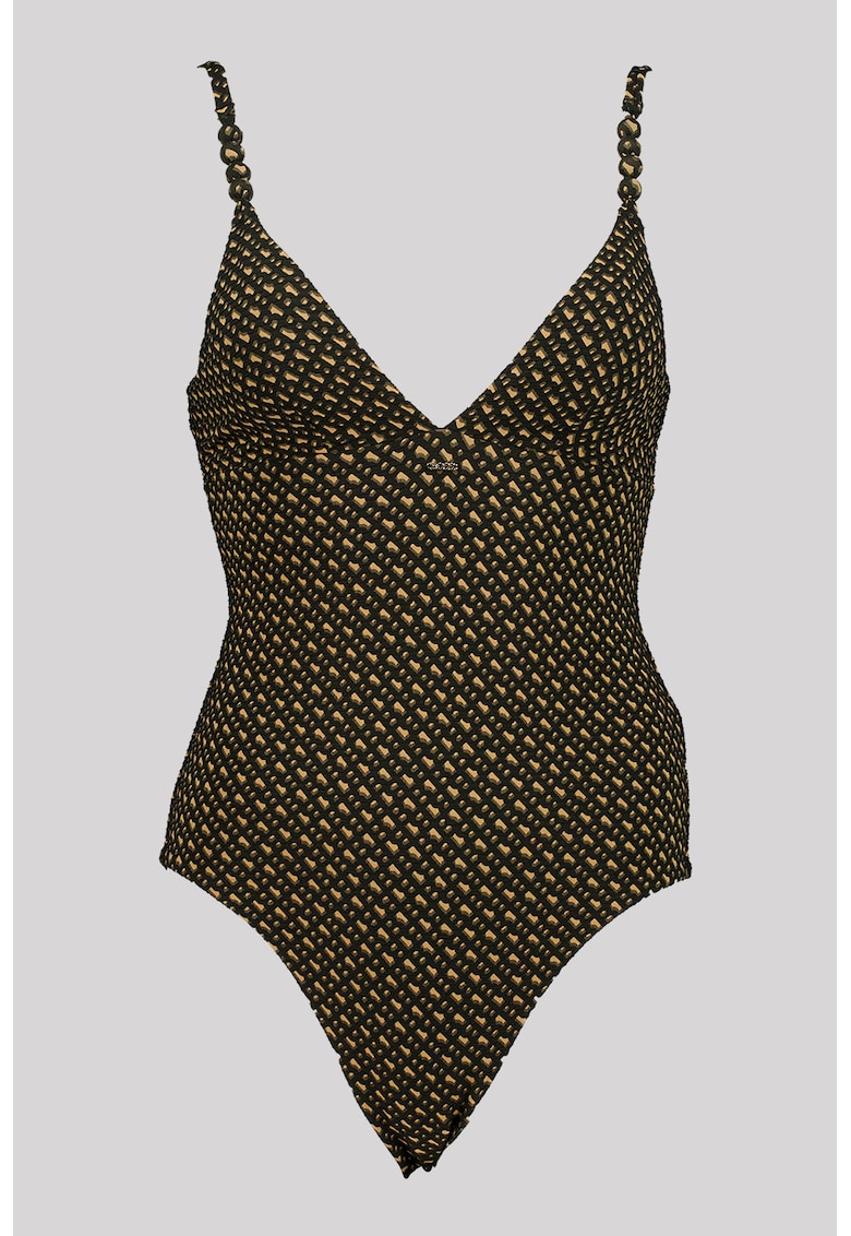 Costum de baie intreg cu burete si model - Negru/Maro deschis