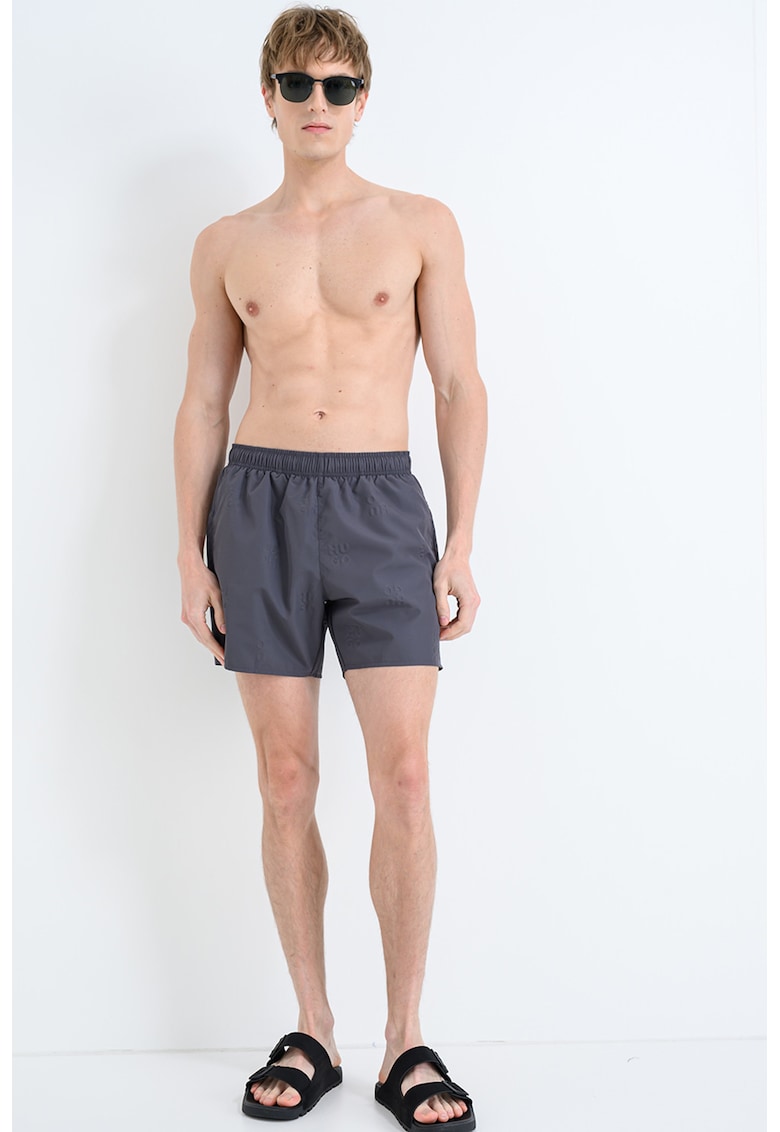 Pantaloni scurti de baie cu talie elastica si model uni - Gri inchis