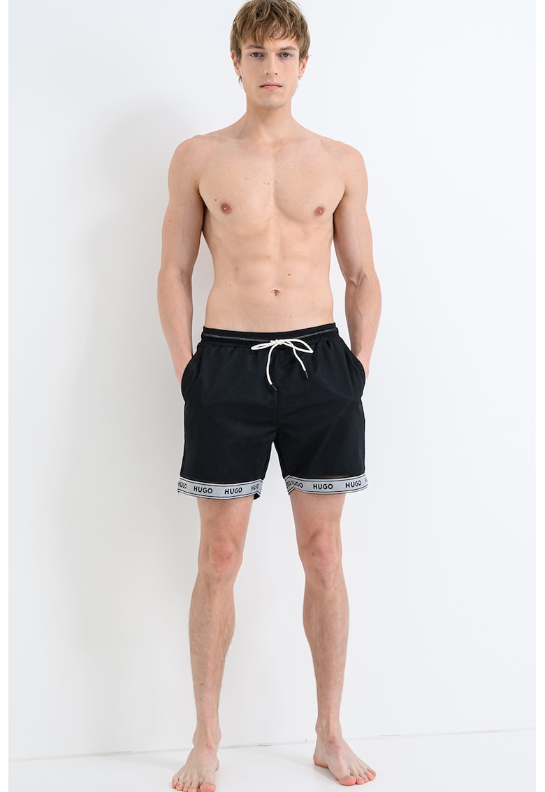 Pantaloni scurti de baie cu benzi logo elastice - Negru