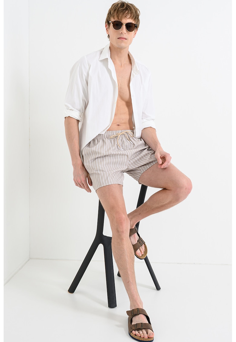 Pantaloni scurti de baie cu snur in talie - Alb/Bej inchis