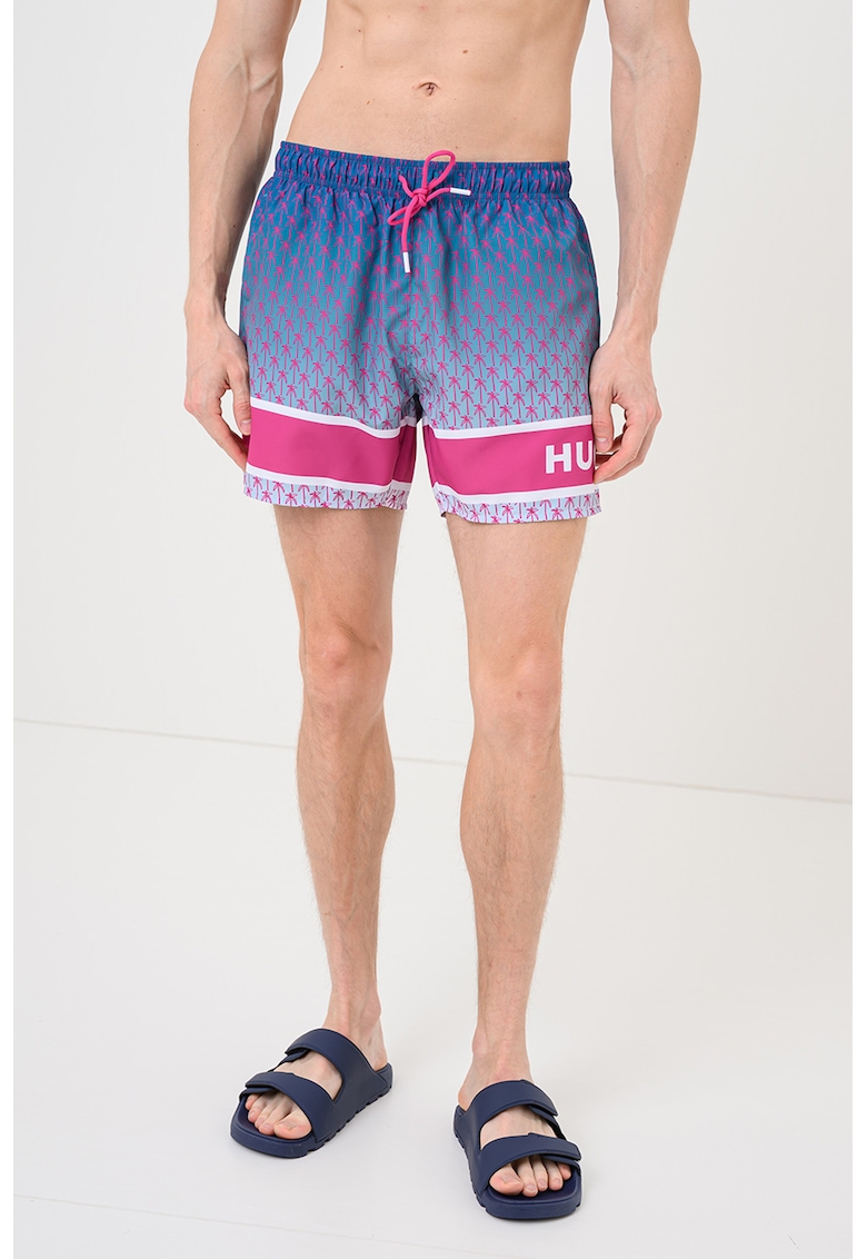 Pantaloni scurti de baie cu model cu palmieri - Fucsia/Albastru