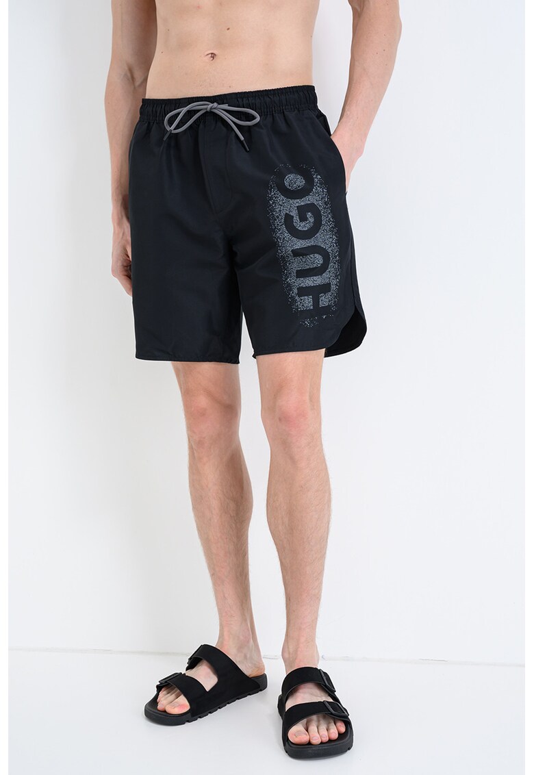 Pantaloni scurti de baie cu snur si imprimeu logo - Negru/Gri inchis