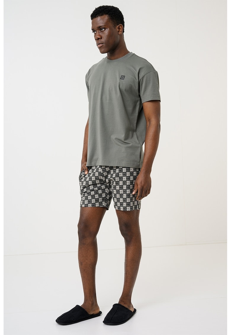 Pijama scurta din amestec de bumbac cu logo Aaron - Negru/Verde feriga