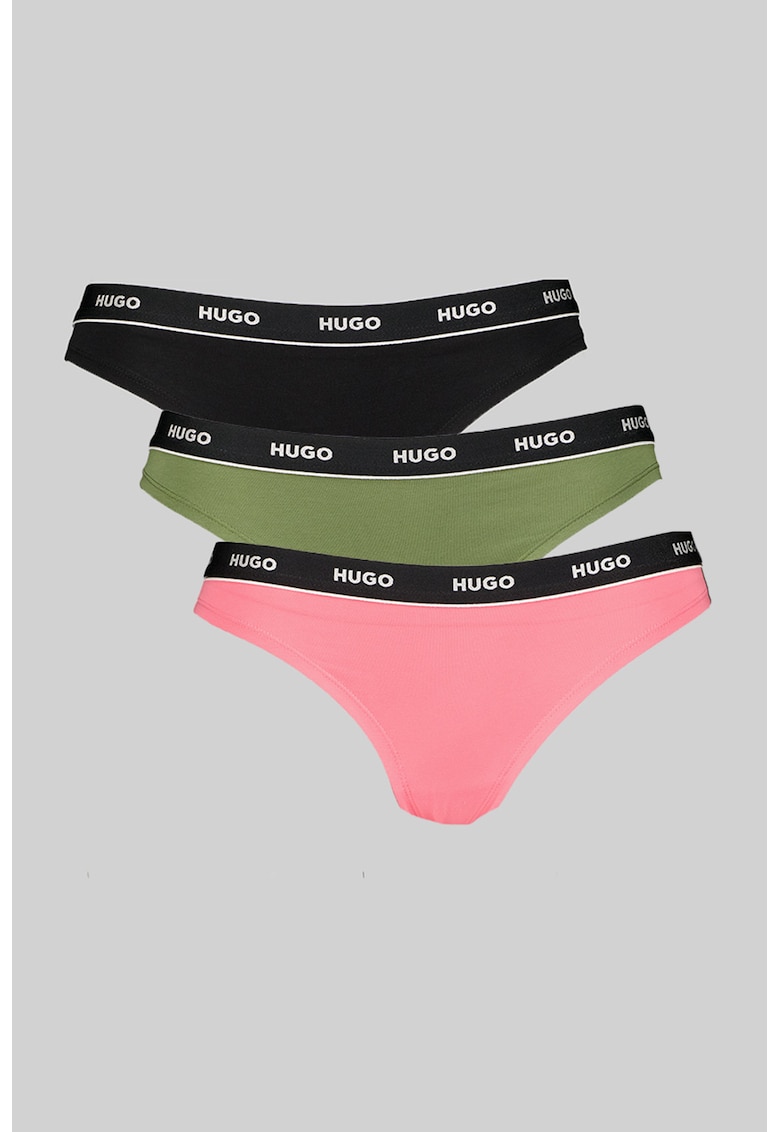 Set de chiloti tanga cu banda logo in talie - 3 perechi - Negru/Roz deschis/Verde feriga