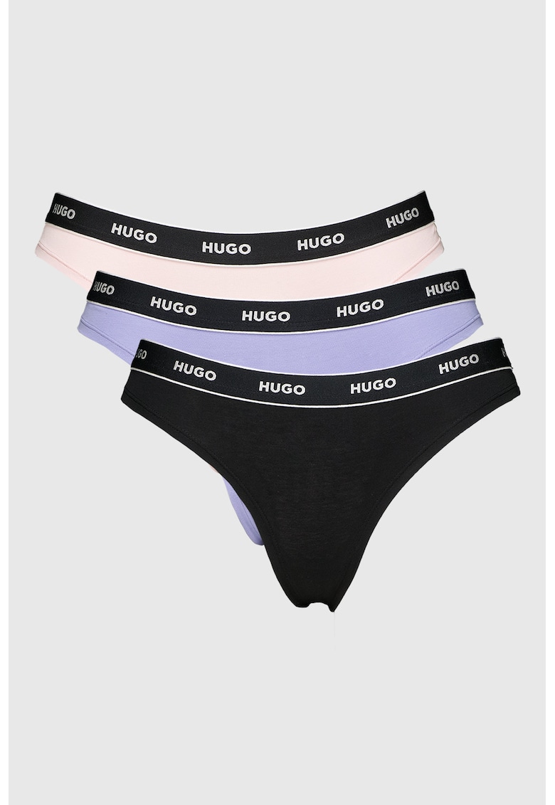 Set de chiloti tanga cu banda logo in talie - 3 perechi - Albastru/Roz/Negru