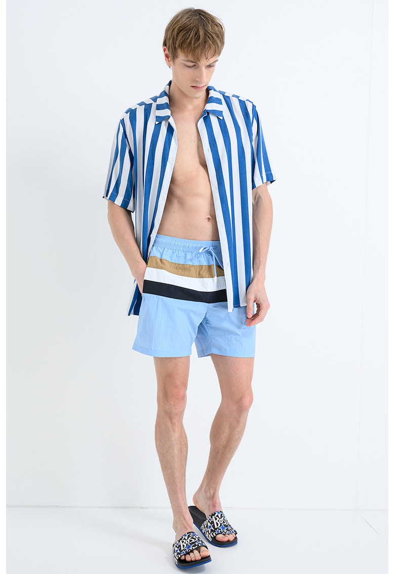 Pantaloni scurti de baie cu snur in talie si model in dungi Louis - Albastru pastel/Negru