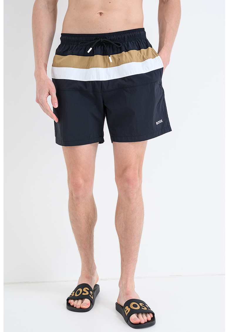Pantaloni scurti de baie cu snur in talie si model in dungi Louis - Negru/Caramel