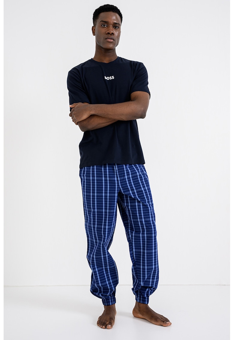 Pijama de bumbac cu imprimeu logo si carouri - Bleumarin
