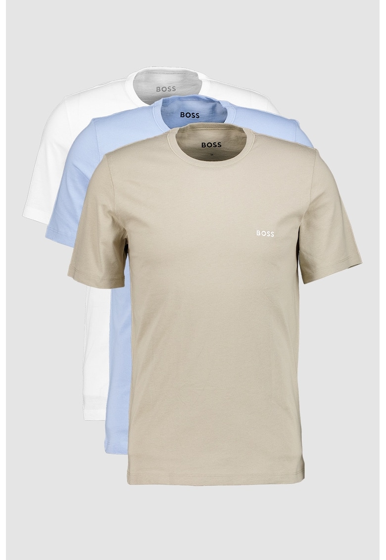Set de tricouri regular fit de casa cu decolteu la baza gatului - 3 piese - Alb/Maro taupe/Albastru pal