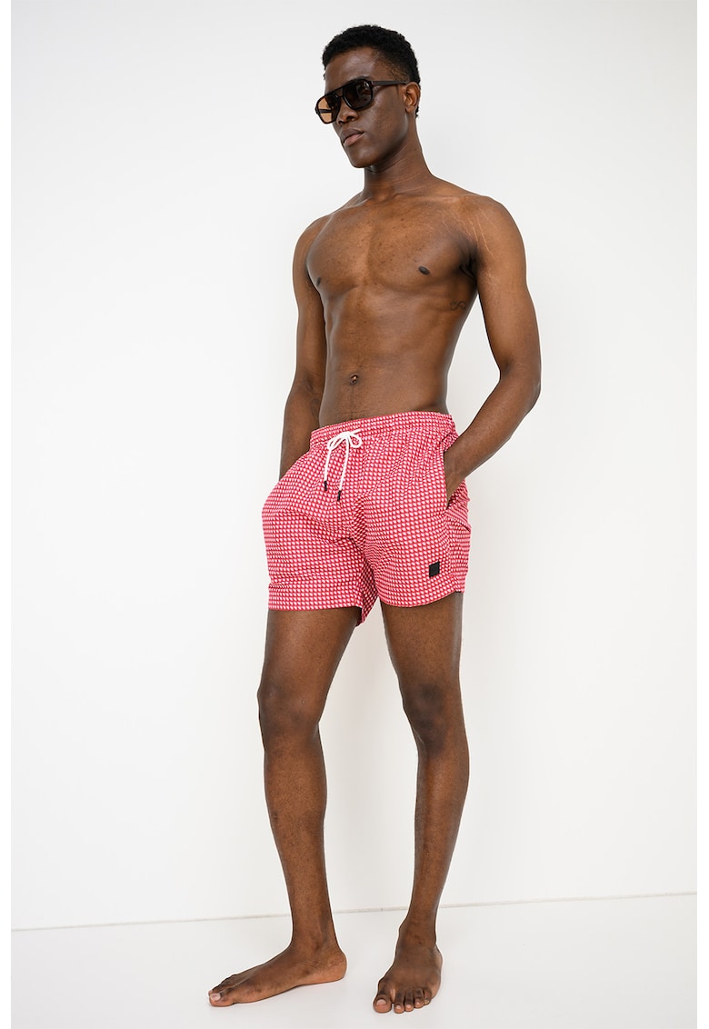 Pantaloni scurti de baie cu model si chiloti integrati din plasa Vibe - Rosu/Alb/Albastru