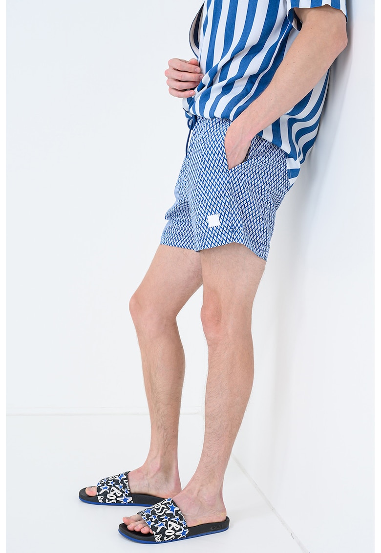 Pantaloni scurti de baie cu model si chiloti integrati din plasa Vibe - Albastru royal/Bej sampanie