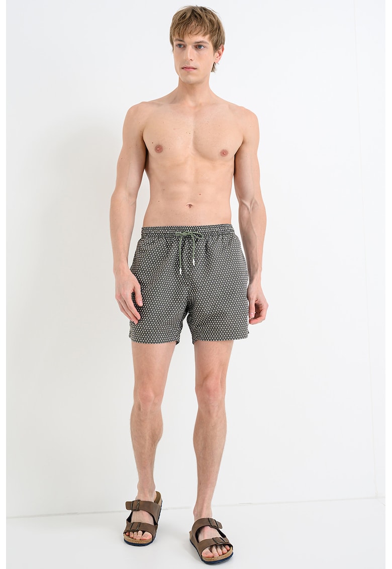 Pantaloni scurti de baie cu model si chiloti integrati din plasa Vibe - Verde masliniu