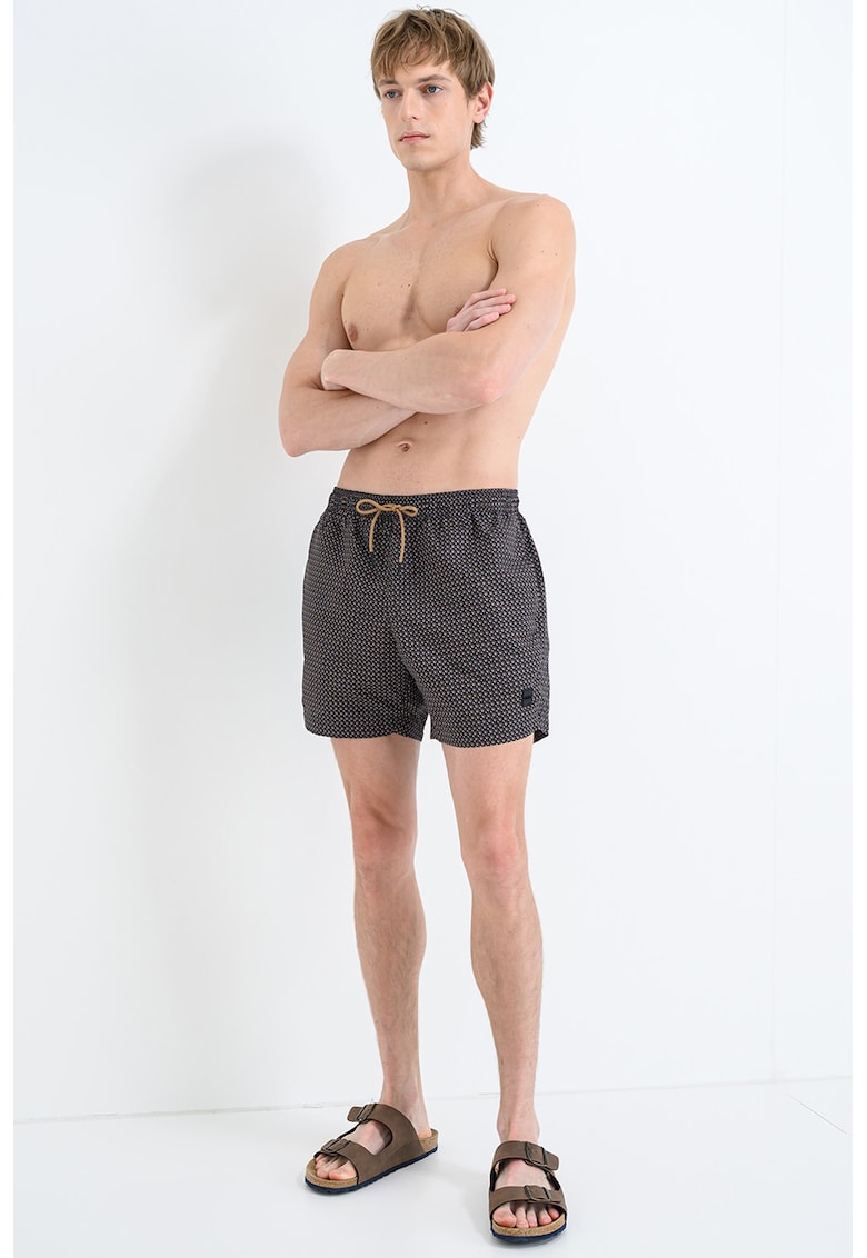 Pantaloni scurti de baie cu model si chiloti integrati din plasa Vibe - Negru/Maro