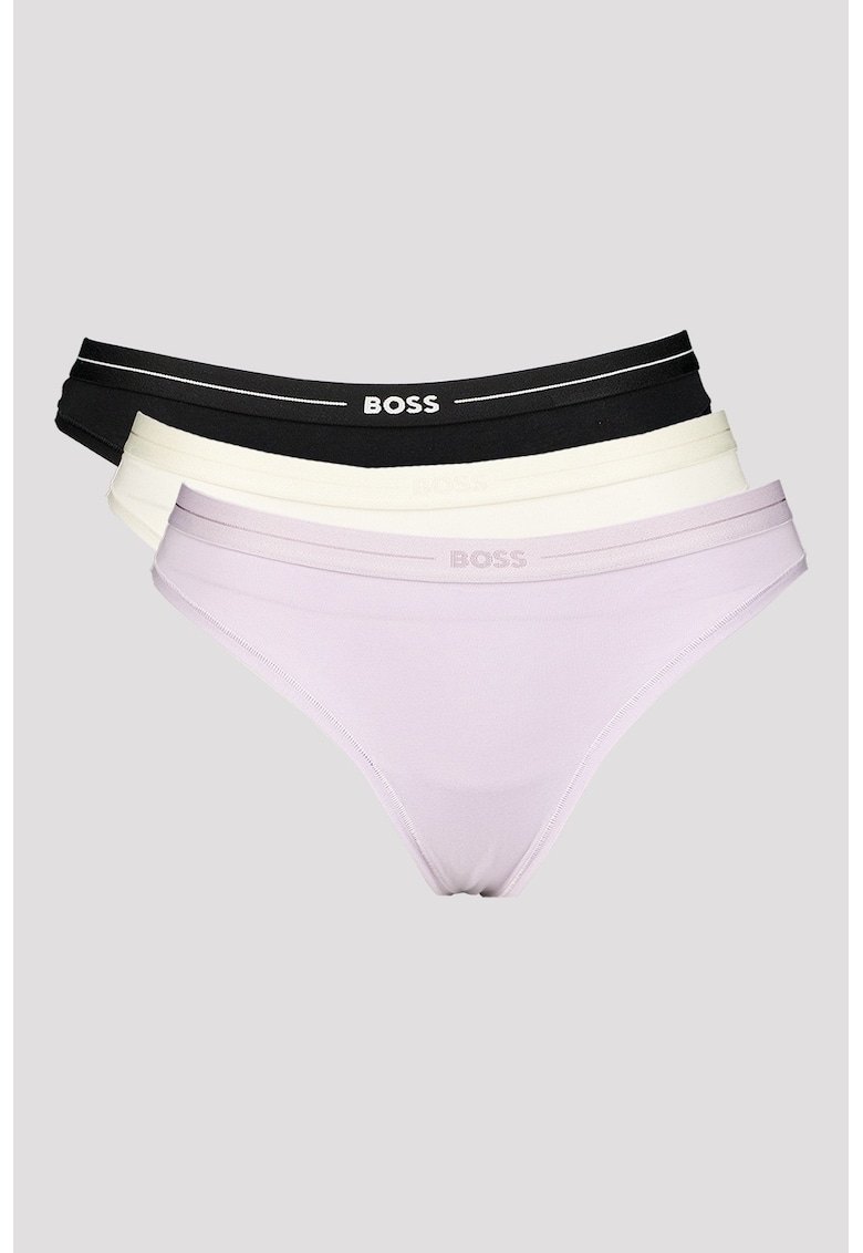 Set de chiloti tanga din amestec de bumbac - 3 perechi - Alb fildes/Negru/Lila