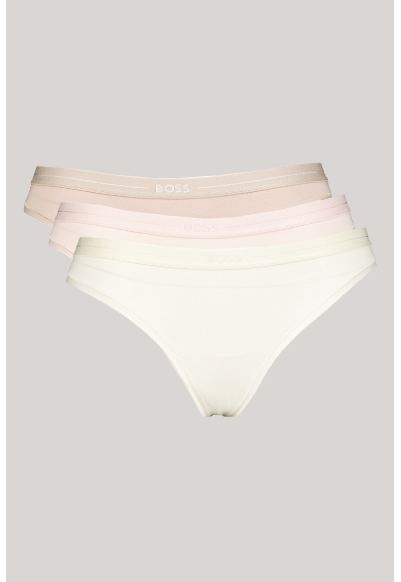 Set de chiloti tanga din amestec de bumbac - 3 perechi - Alb/Maro taupe deschis/Roz pal