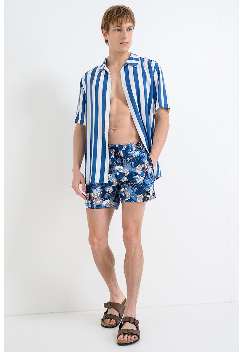 Pantaloni scurti de baie cu imprimeu tropical Piranha - Bej/Albastru