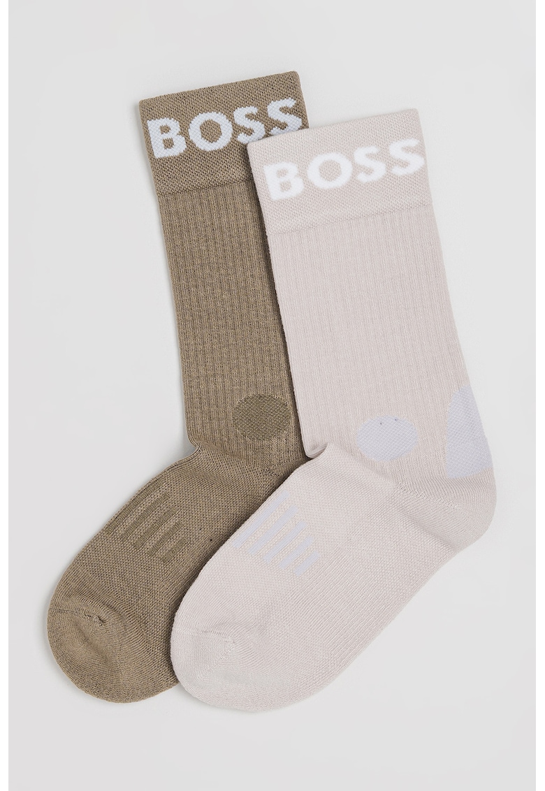 Set de sosete lungi cu imprimeu logo si striatii - 2 perechi - Kaki