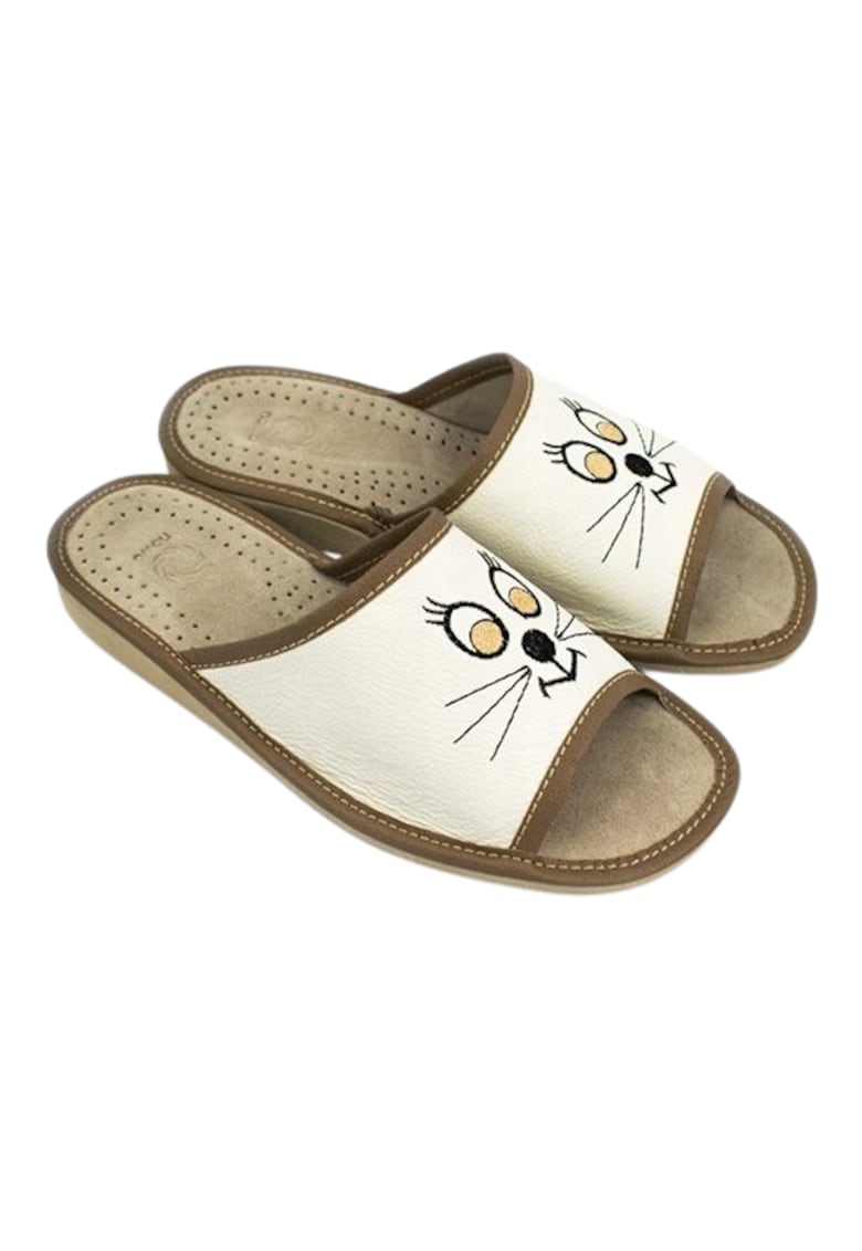 Papuci de fetru pentru femei - piele ecologica - model pisica - 629875 - Ecru