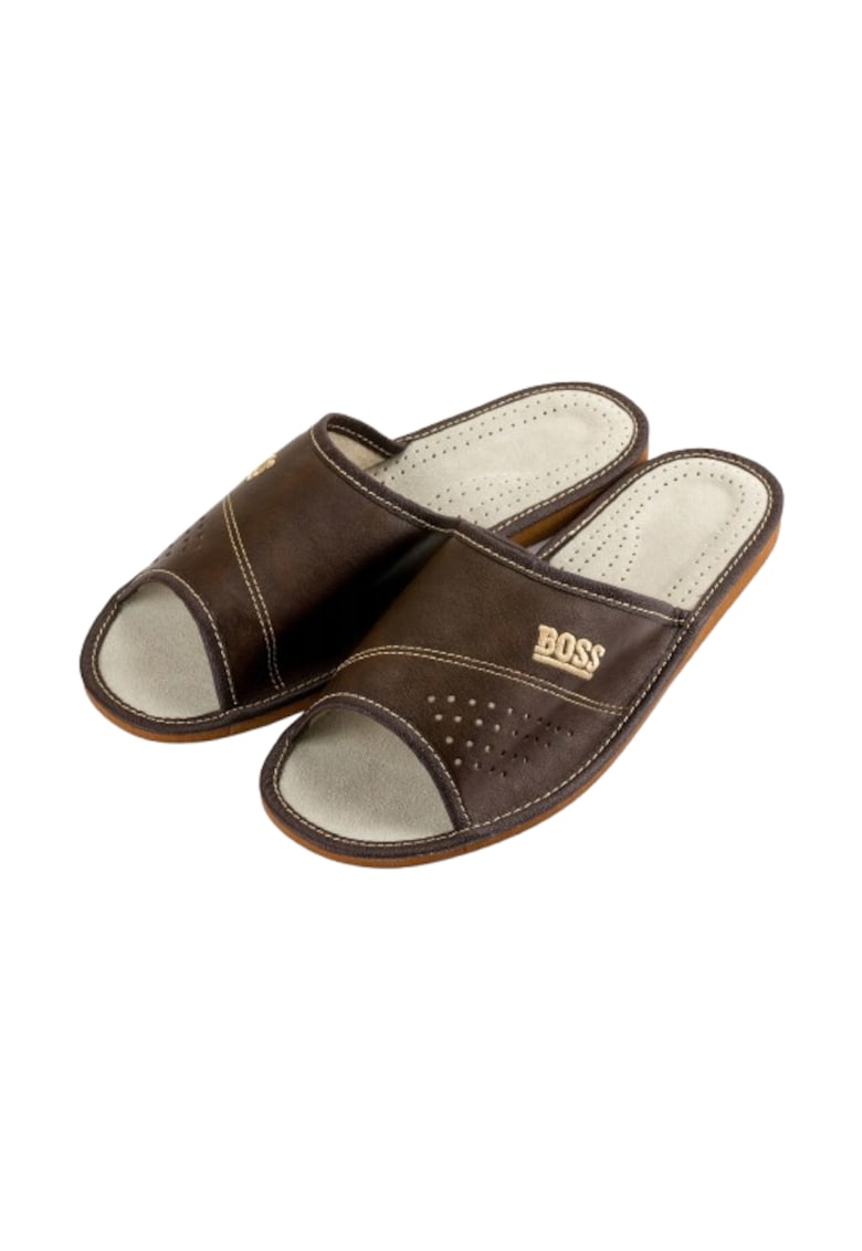 Papuci de casa - pentru barbati - din piele maro - model N119 - Maro