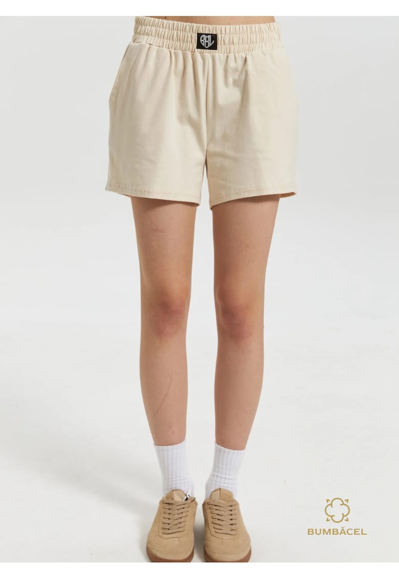 Pantaloni scurti cu manseta elastica - pentru dame - din bumbac - Crem