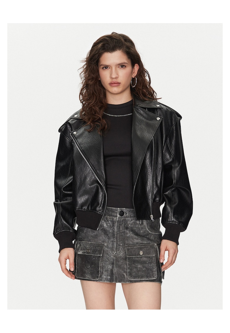 Geaca de imitatie de piele - neagra - pentru femei -