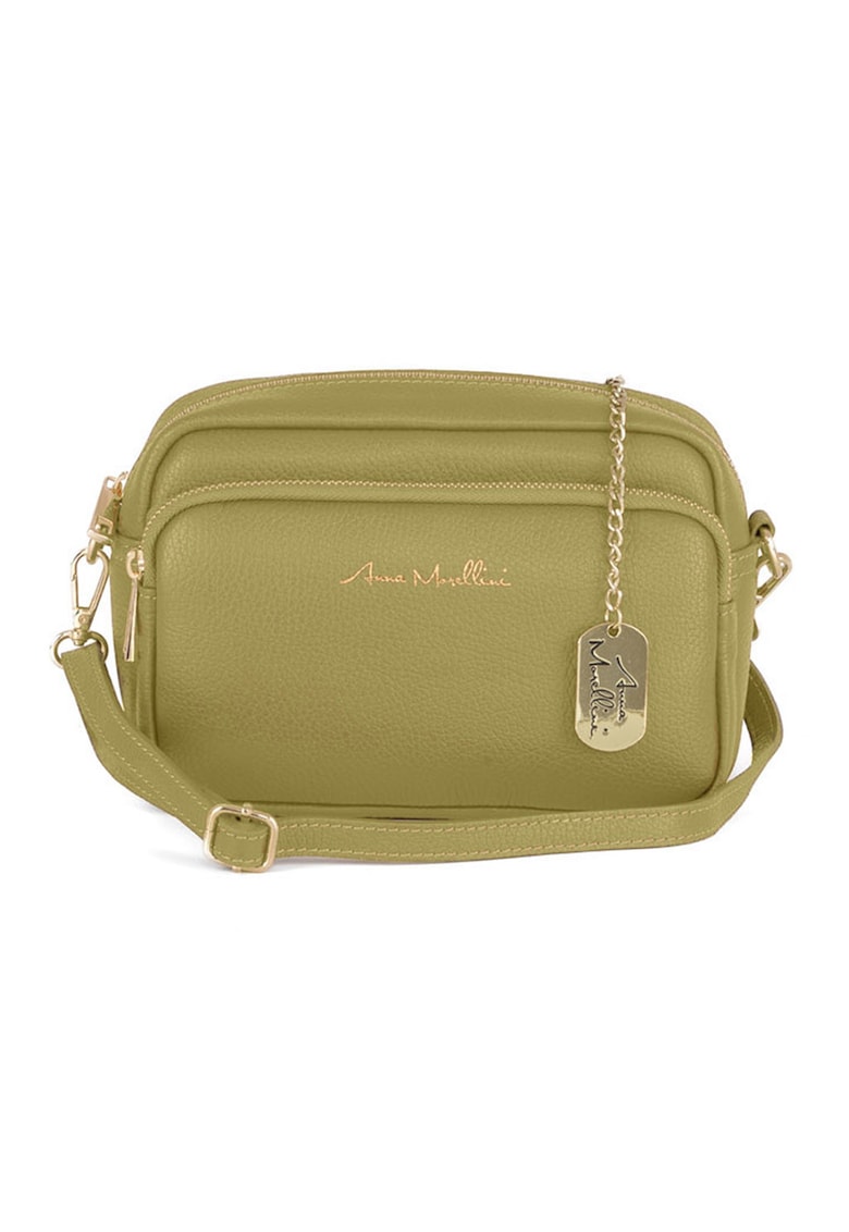 Geanta crossbody din piele cu buzunar frontal cu fermoar - Verde sparanghel