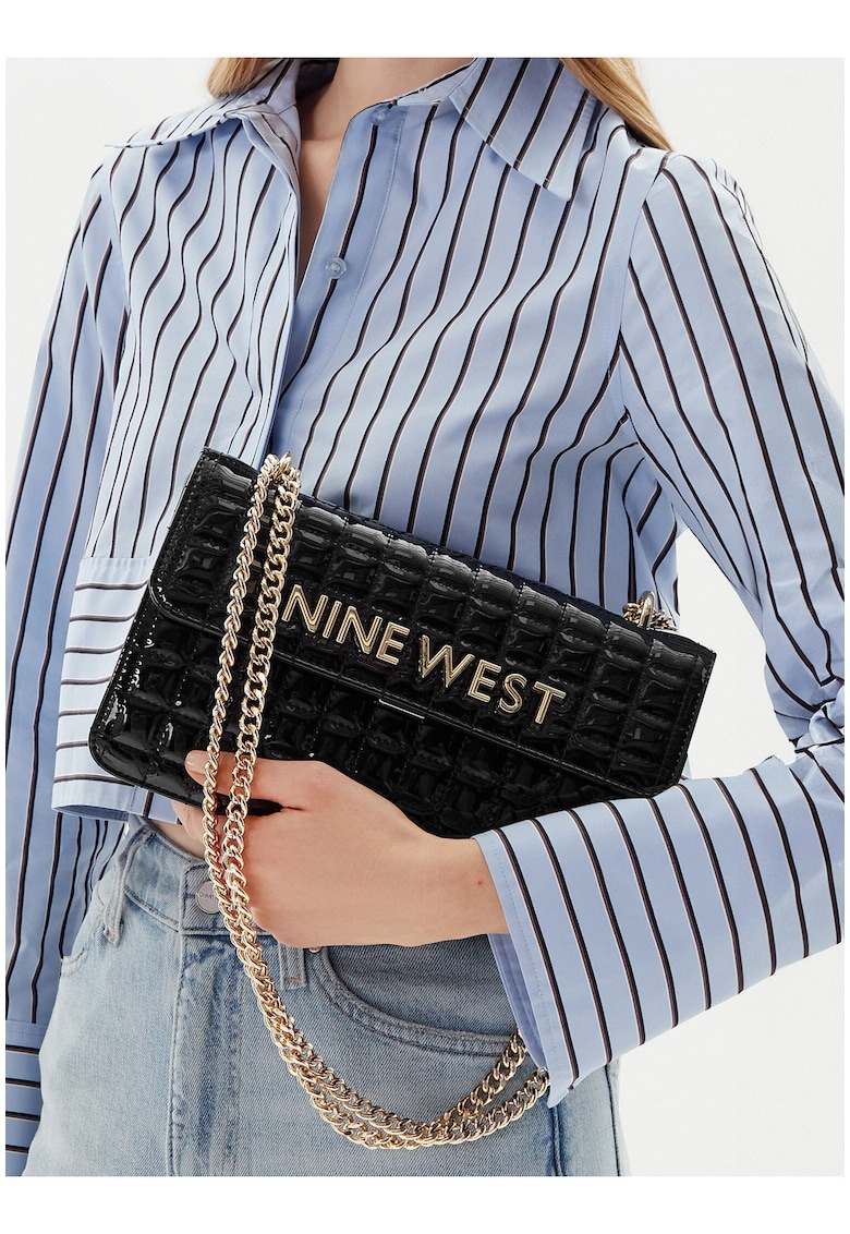 Geanta crossbody din material sintetic cu aspect croco lacuit si logo metalic - Negru