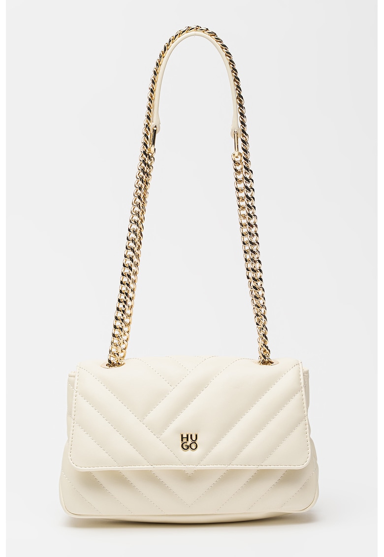 Geanta din piele ecologica cu bareta de umar si aspect matlasat - Crem