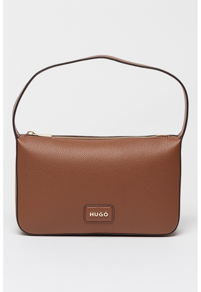 Geanta din piele ecologica cu maner si detaliu cu logo metalic - Maro